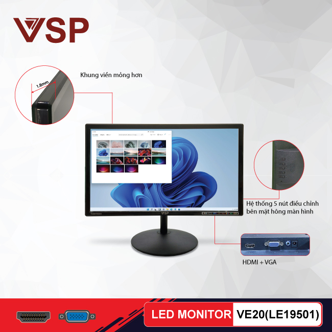 Màn hình máy tính 20inch VSP VE20 (LE19501) HD 75Hz 5Ms LED Monitor – Hàng chính hãng TECH VISION phân phối