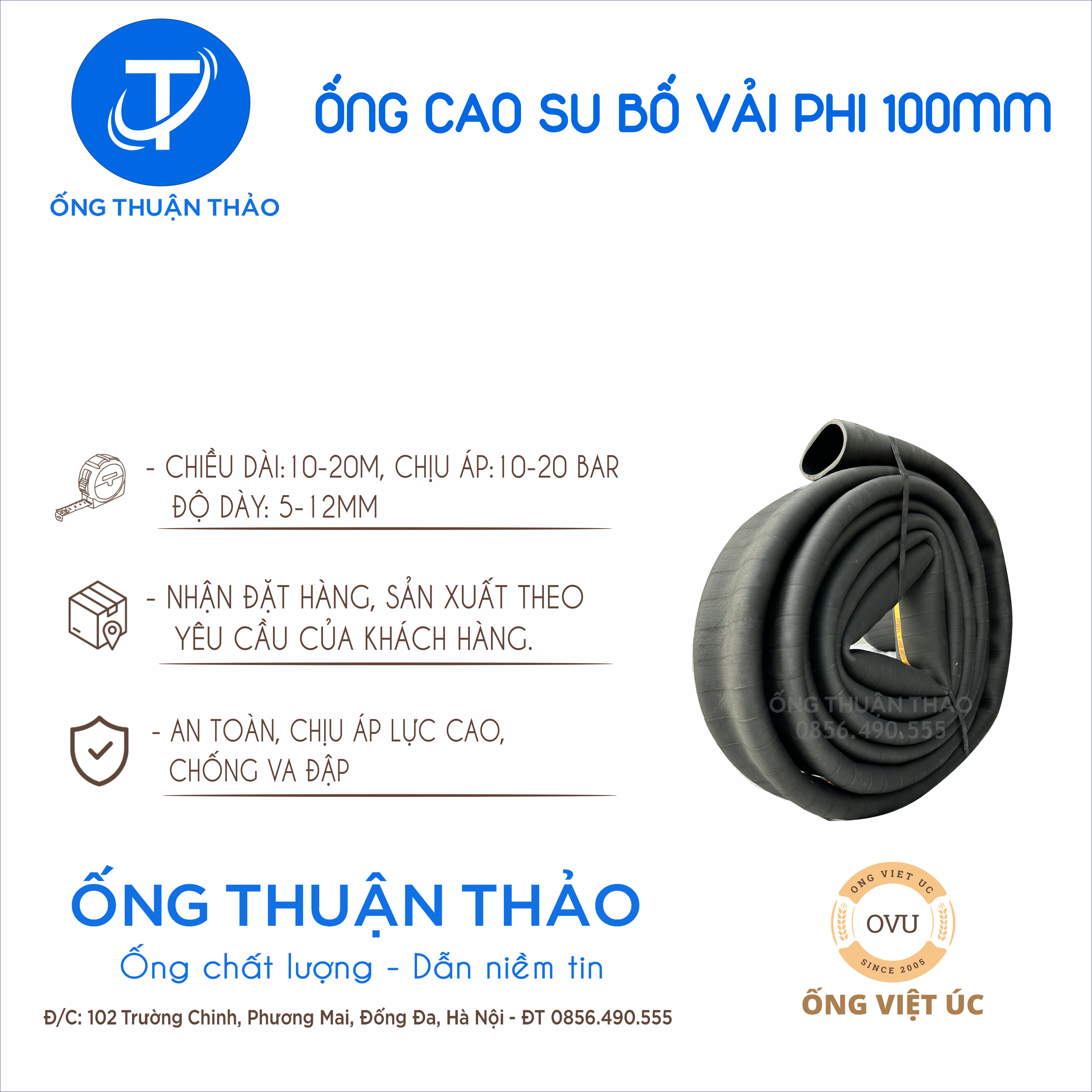 Ống cao su bố vải KT phi 100mm cuộn 10 mét Nhập Khẩu - Ống Chống Phá Chống Nổ thuận thảo