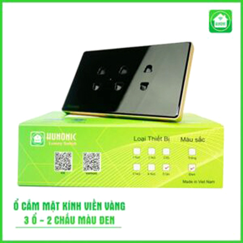 Ổ cắm ba 2 chấu mặt kính phẳng viền vàng cao cấp HUNONIC, Màu