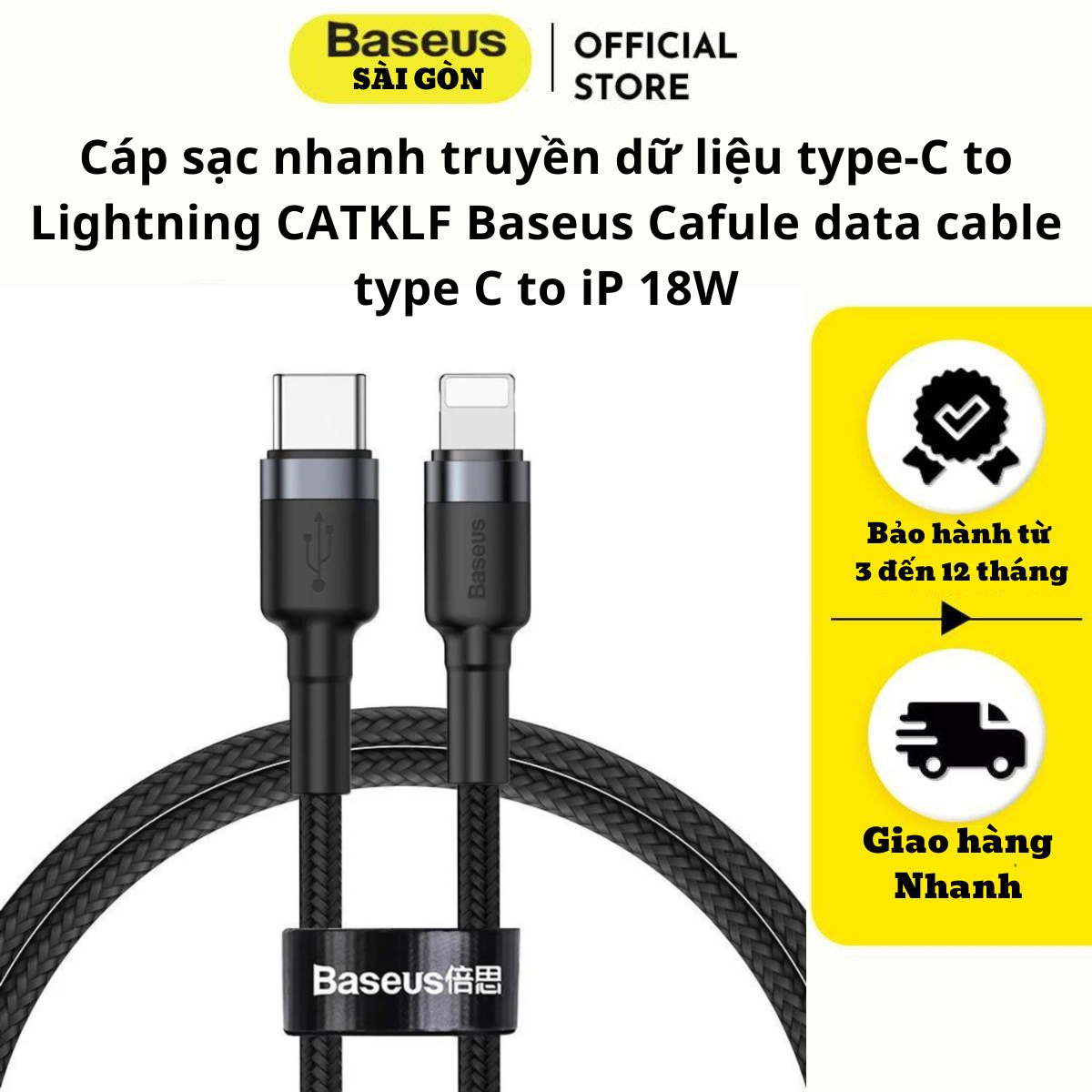 Cáp sạc Baseus Cafule data cable type C to iP 18W CATKLF nhanh truyền dữ liệu type-C to IP - hàng chính hãng