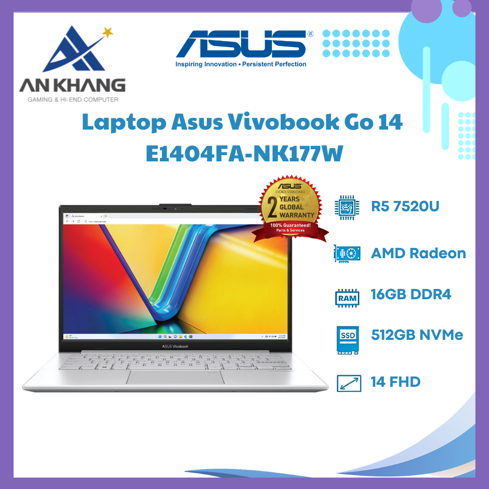 Laptop Asus Vivobook Go 14 E1404FA-NK177W (Ryzen 5 7520U | 16GB | 512GB | 14 inch FHD | AMD Radeon Graphics | Win 11 | Bạc) - Hàng Chính Hãng