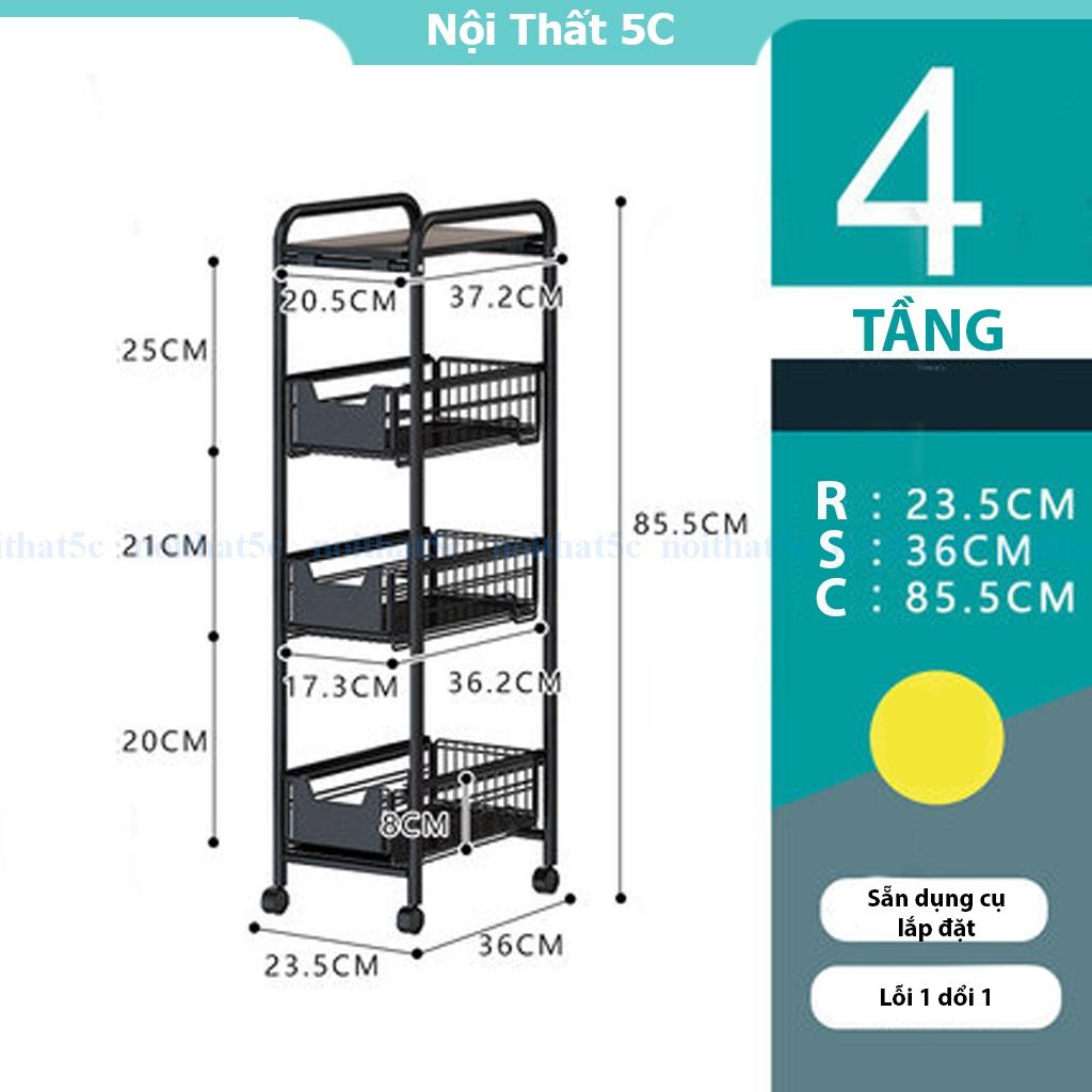 Kệ bếp đa năng để đồ kệ gia vị, kệ có bánh xe di chuyển xoay 360 độ chứa rau củ quả 4 tầng màu đen thông minh