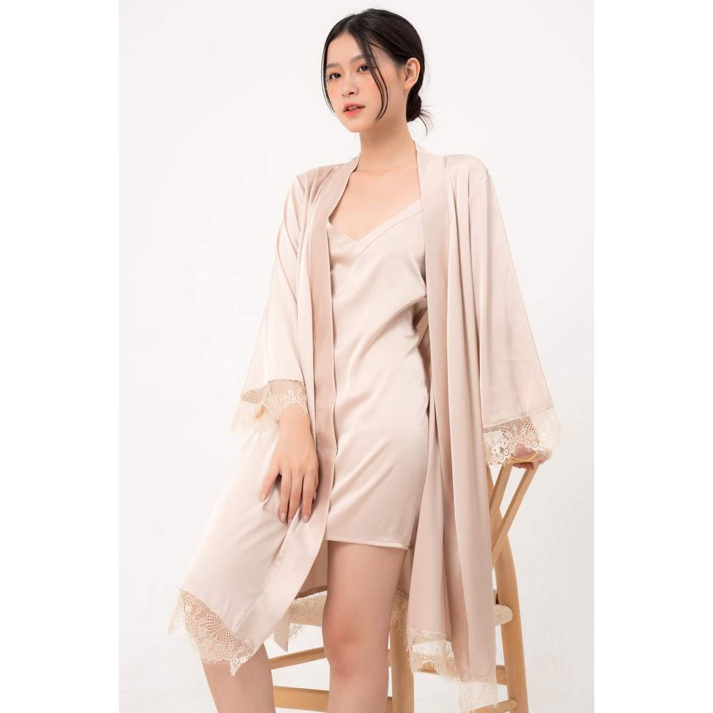 SET ÁO CHOÀNG VÁY NGỦ LỤA CAO CẤP PHỐI REN-MÀU NUDE