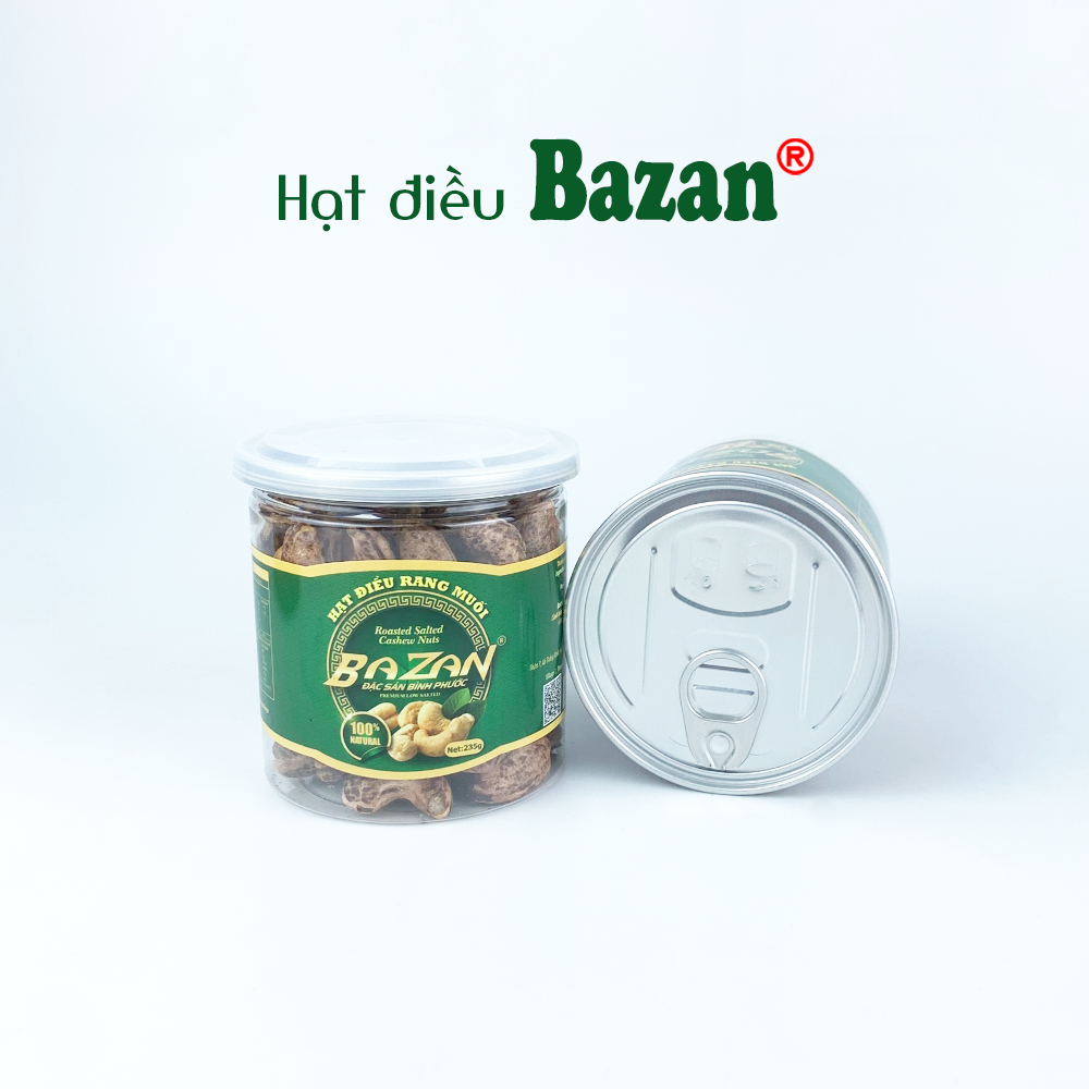 Hạt điều rang muối Bazan Bình Phước nguyên hạt dinh dưỡng A+ loại 1 hộp 235g nắp bật còn vỏ lụa