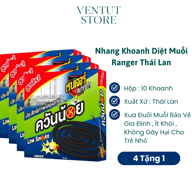 Combo 4 Hộp Nhang Muỗi Thái Lan Ranger Low Smoke (ít khói) - Mùi hương dễ chịu ( 4 Hộp Tặng 1 Hộp )