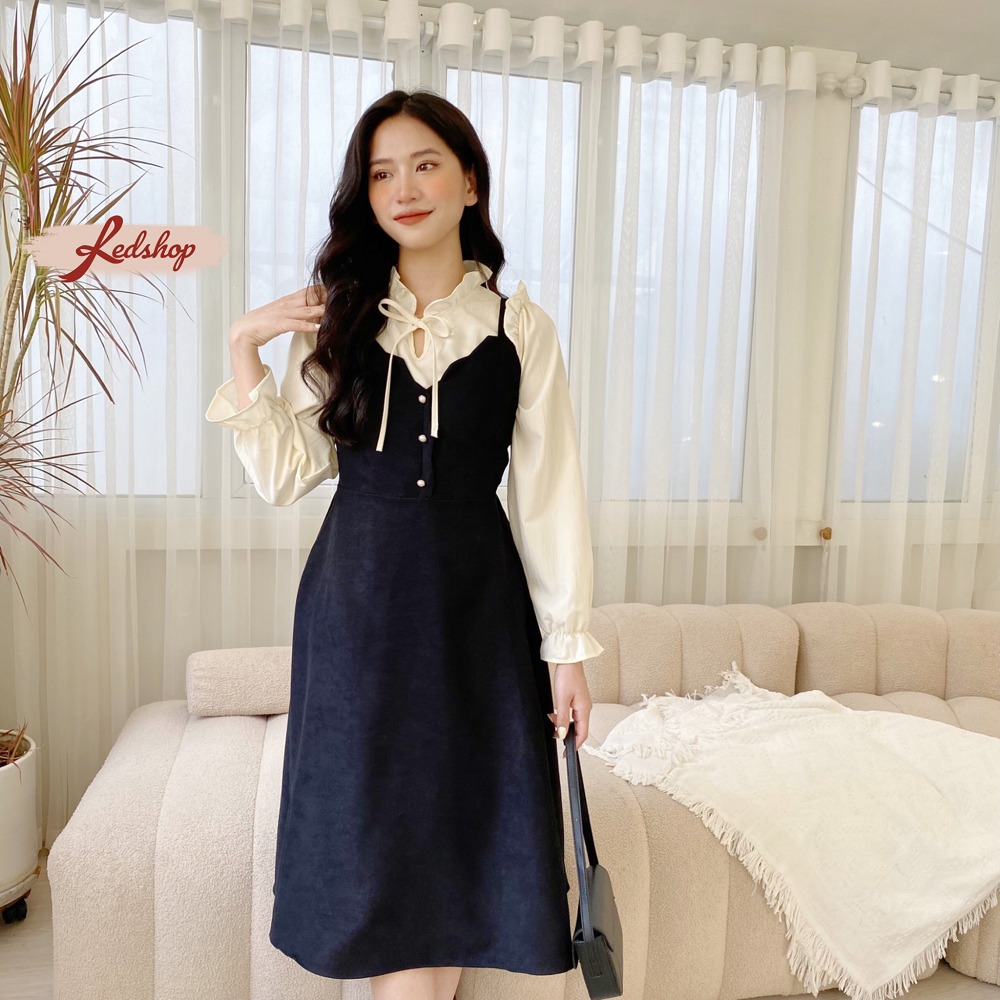 Set váy yếm dài cổ bèo tiểu thư phong cách Hàn Quốc Red Shop 29982