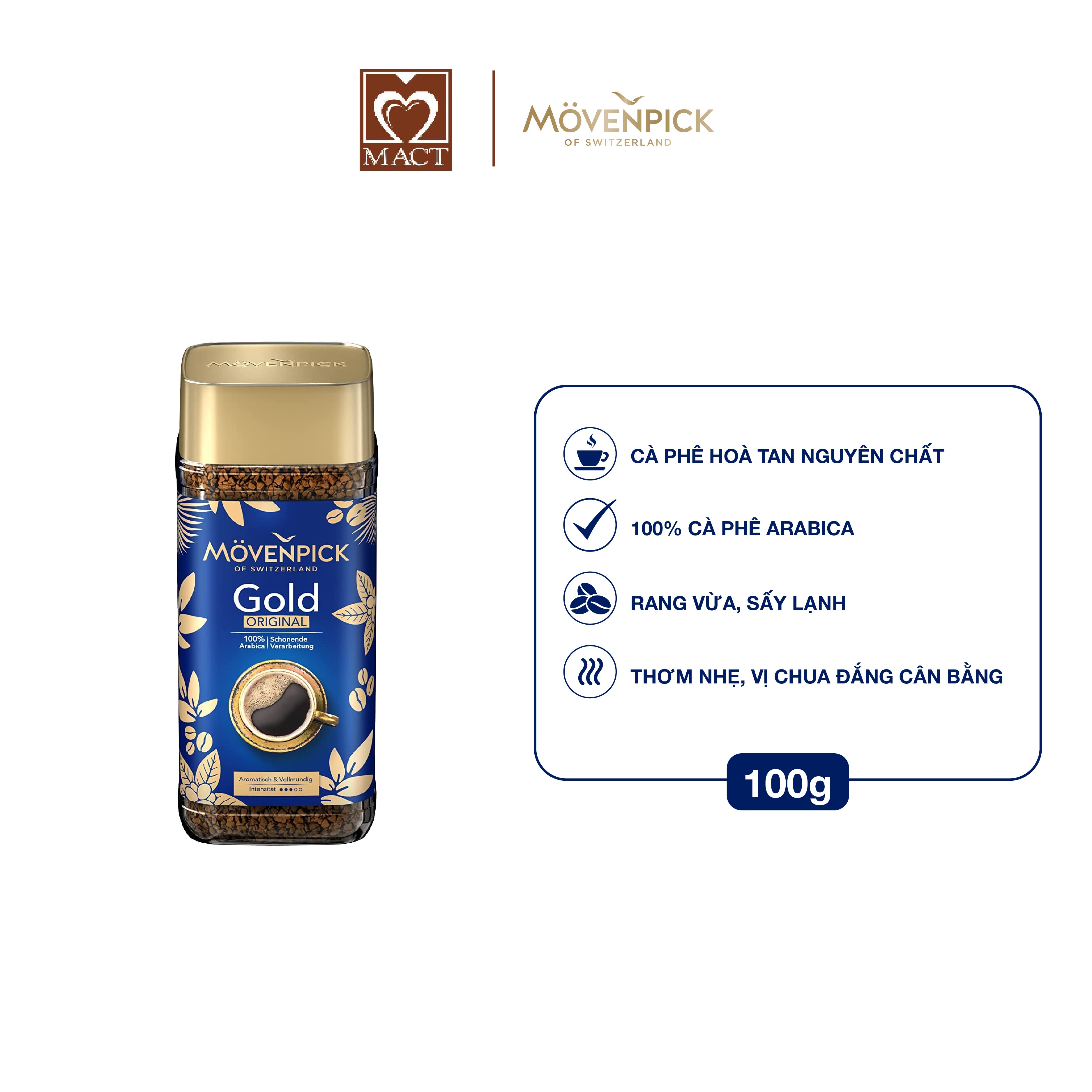 Cà phê hòa tan Mövenpick Gold Original - 100% Hạt Arabica - Vị thơm dịu nhẹ, chua đắng cân bằng - lọ 100g