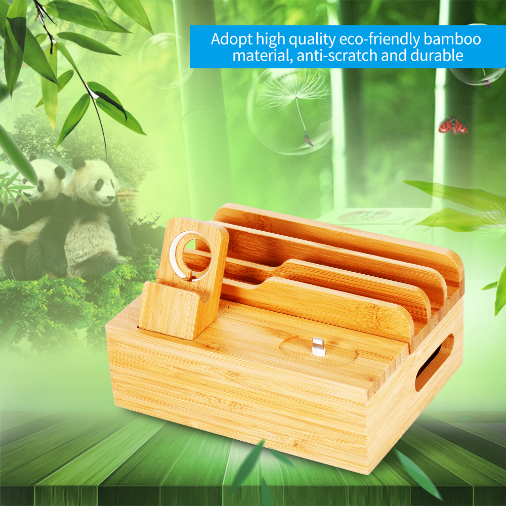 Giá đỡ máy tính để bàn 3 trong 1 bằng tre cho điện thoại di động máy tính bảng  iPad Apple Watch Airpods