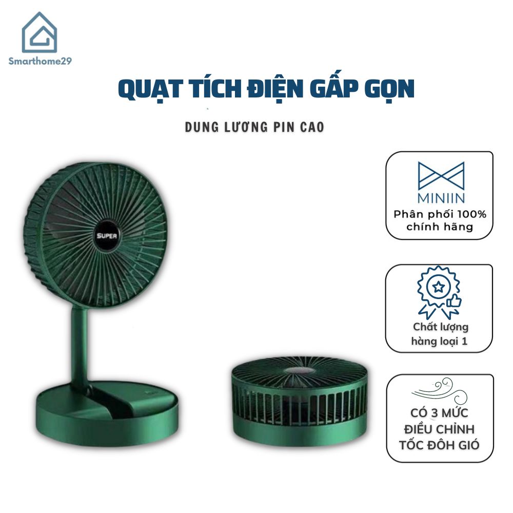 Quạt Tích Điện Gấp Gọn - Quạt Mini Để Bàn Xoay 180 Độ, 3 Tốc Độ Gió, Cổng Sạc USB Có Thể Điều Chỉnh Độ Cao Siêu Tiện Lợi - HÀNG CHÍNH HÃNG MINIIN