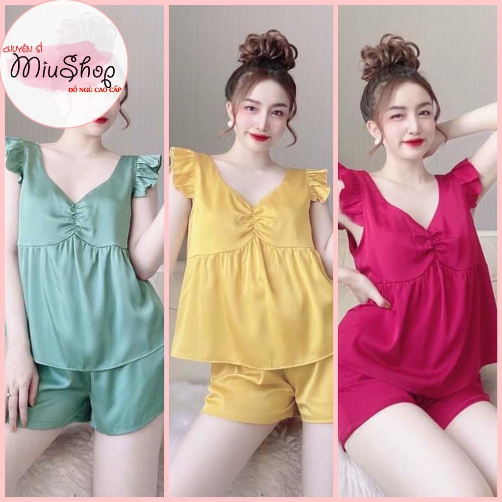 DỄ THƯƠNGSet đồ ngủ nhún nơ tay cánh tiên quần đùi đồ bộ lụa satin cao cấp mặc nhà freesize 58kg