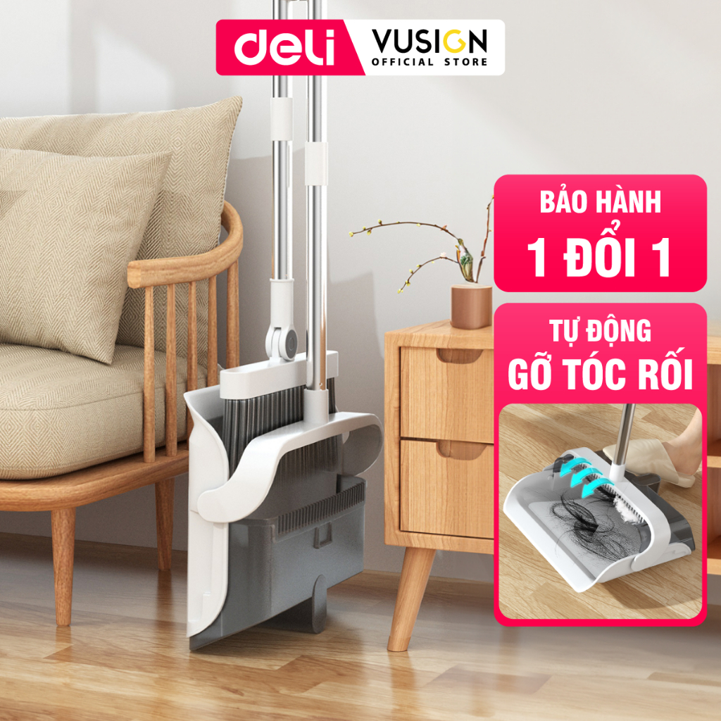 Bộ chổi quét nhà kèm hót rác tự gạt tóc xoay 180 độ Deli thông minh, chổi xẻng quét nhà gấp gọn
