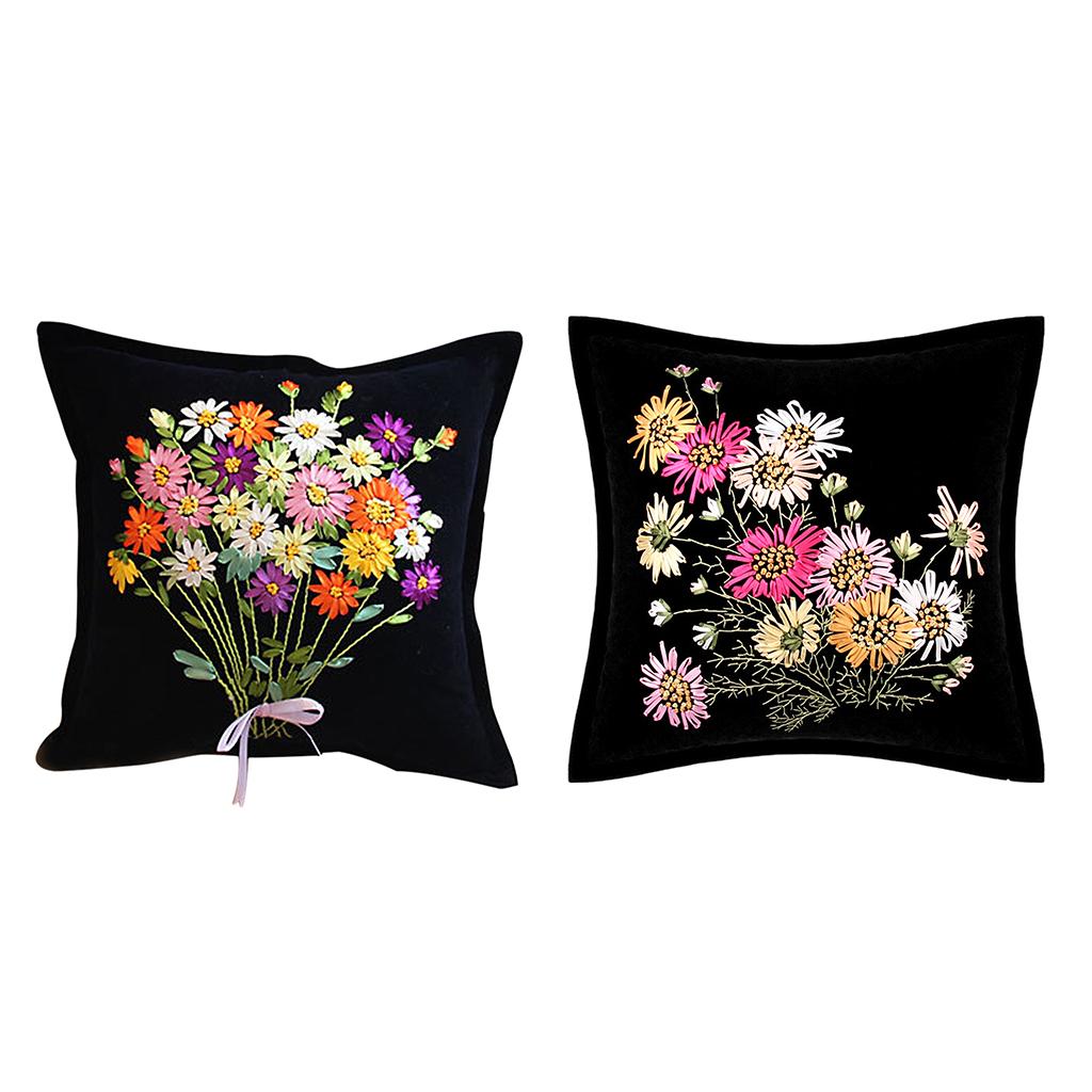 2pcs Daisy Flower Ribbon Cross Stitch Kits Embroidery Car Cushion Covers DIY