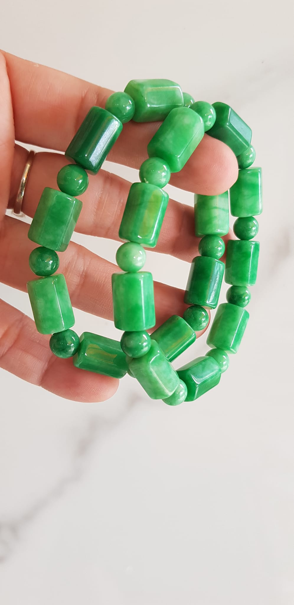 Vòng đeo tay nữ đá cẩm thạch xanh mix kiểu hạt ống vuông dài tròn size 10mm Nữ mệnh mộc hỏa thủy đeo xinh may mắn ạ