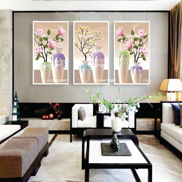 Tranh thêu bộ 3 bình hoa ngọc lan hồng LV3209 - kích thước: 123 * 59cm.