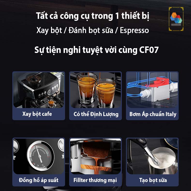 Máy pha cà phê espresso CF07-PLUS tích hợp xay hạt cà phê 20 mức, đánh bọt sữa, pha espresso 20 bar mạnh mẽ, 4 trong 1 tiện lợi, 2 boilers và DIY kiểm soát nhiệt độ 3 cấp, họng pha chuyên nghiệp 58mm