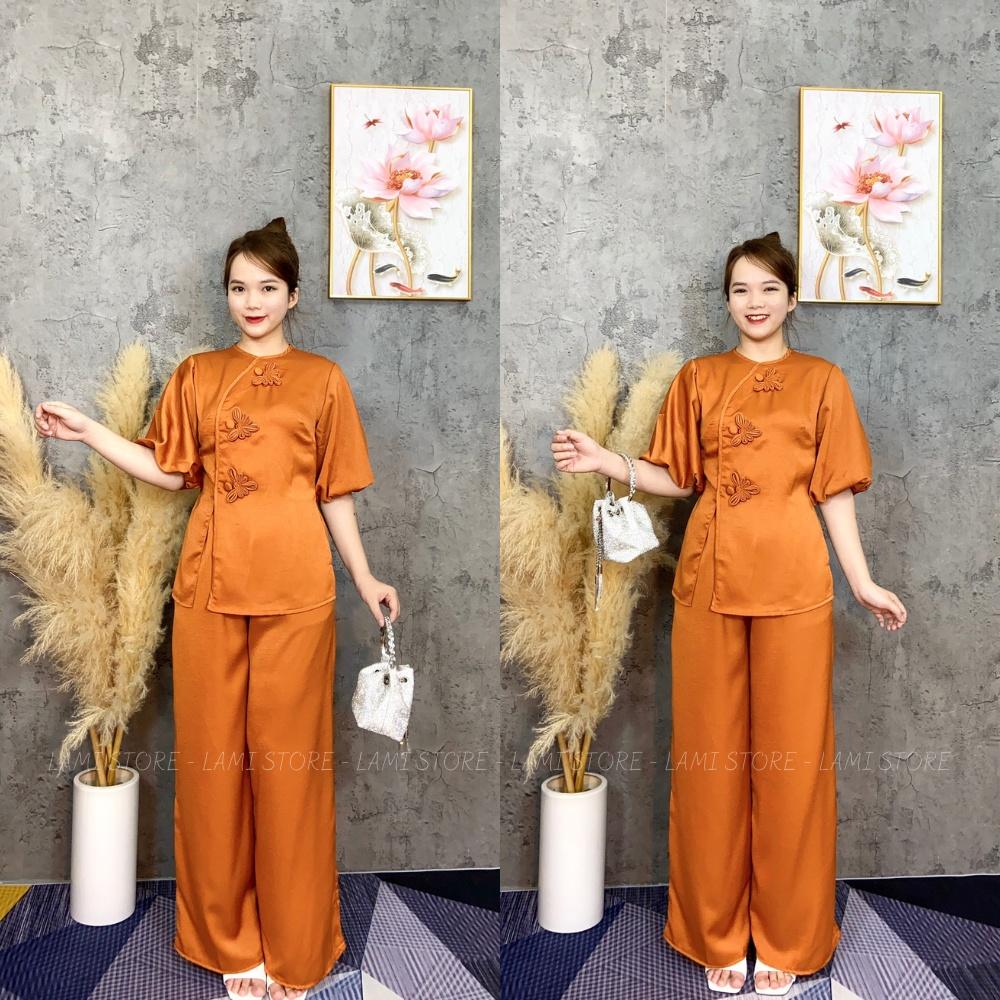 Đồ lam đi chùa nữ bộ lễ phục vải cát nhung cúc thủ công bông hoa đẹp thiết kế cao cấp trang nhã họa tiết LAMI STORE V18