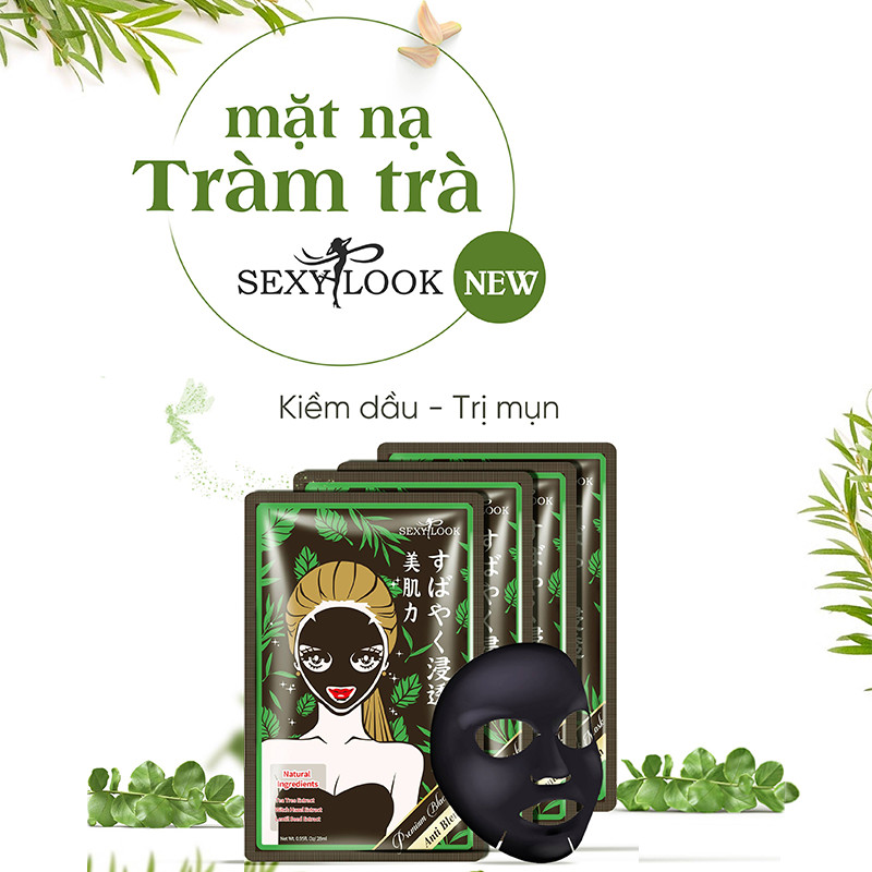 5 Miếng Mặt Nạ Tràm Trà Kiểm Soát Dầu Và Mụn SEXYLOOK Tea Tree Anti Blemish Black Facial Mask 28ml x5 Tặng Móc Khóa Mica