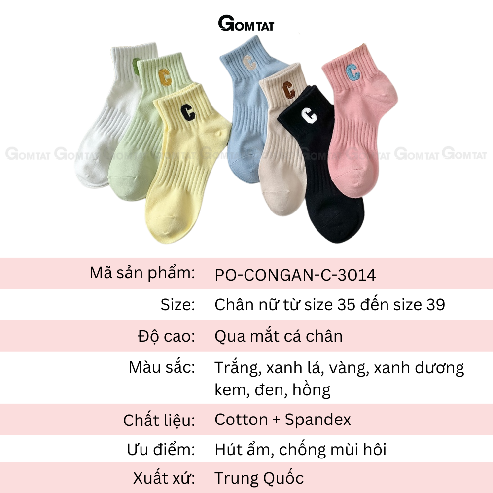 Tất nữ cổ ngắn cao cấp mẫu chữ C, vớ cổ thấp nữ chất liệu cotton cao cấp, mềm mại thoáng khí - PO-CONGAN-C-3014-1DOI