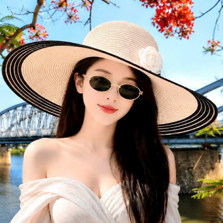 Mũ đi biển cho nữ phối hoa viền sọc, nón nữ vành rộng du lịch dã ngoại chống nắng chụp hình xinh thời trang Korea dona230626