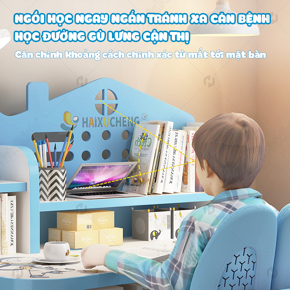 (Tặng đèn học + Giá đỡ ngực) Bộ bàn học cho bé tiểu học C06 tăng giảm chiều cao, kệ sách, đệm mông