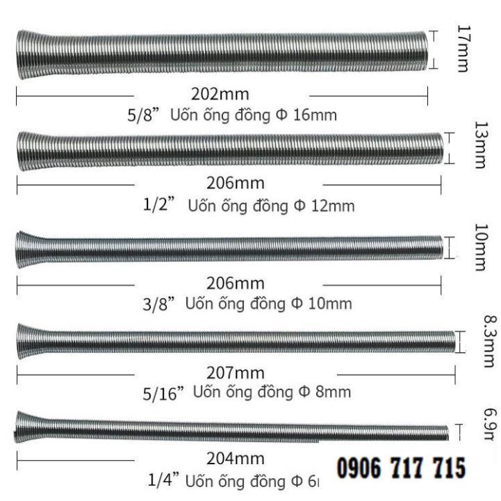 Combo bộ 5 lò xo uốn ống đồng điều hòa đường kính ống 6, 8, 10, 12, 16 mm.