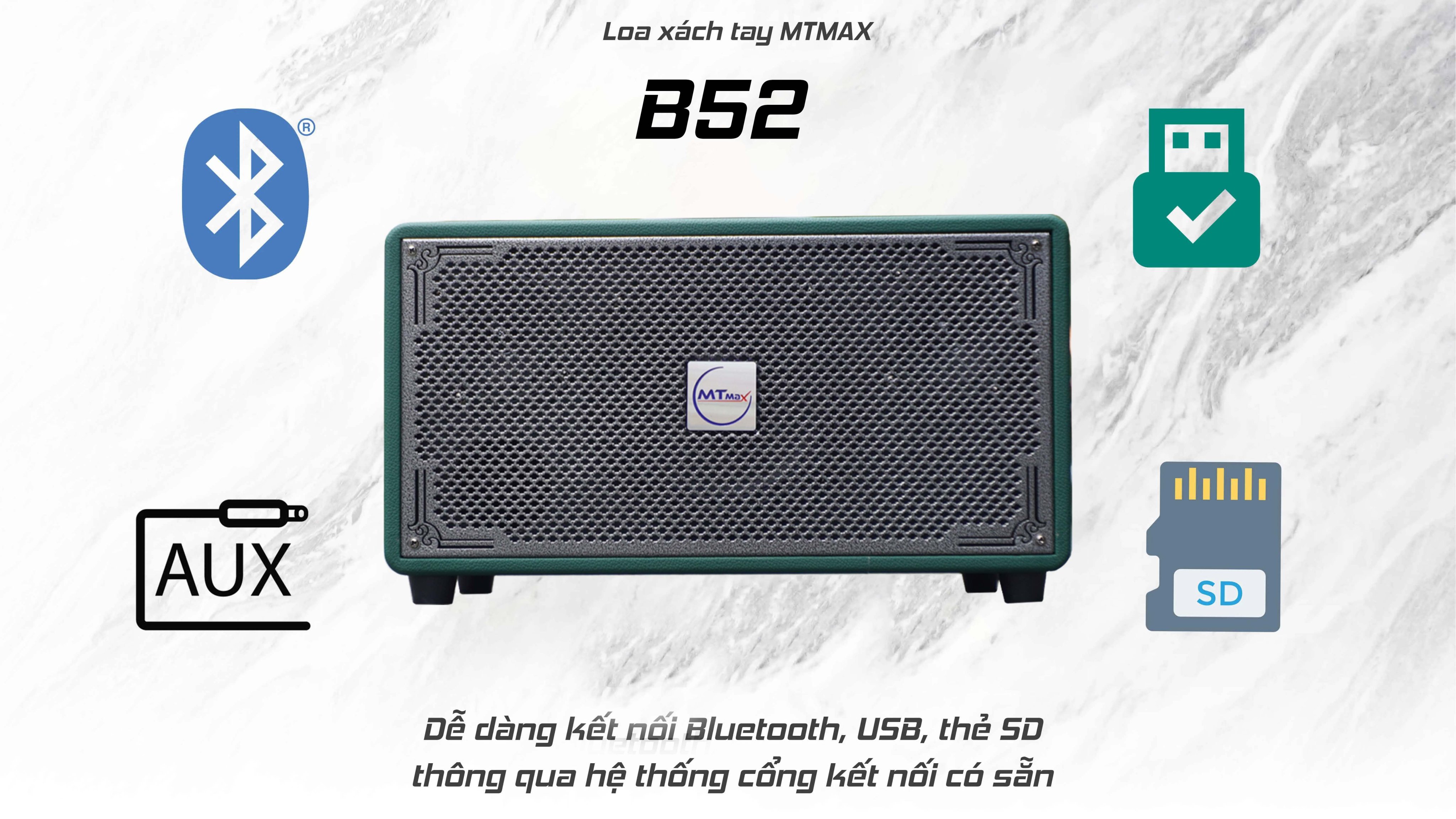 Loa kéo di động MTMAX  B52 Bass 16 kèm 2 Micro không dây kim loại .Chiếc loa hàng chính hãng  B52 với thiết kế mạnh mẽ vỏ gỗ bọc da tổng hợp, sang trọng, loa bass chắc, âm thanh hơn hẳn các loa ngang tầm giá.