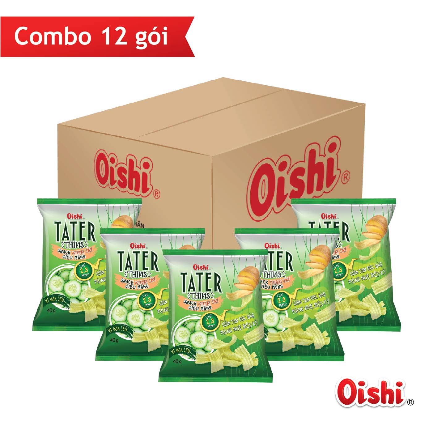 Combo 12 gói Oishi Snack Khoai Tây Siêu Mỏng Tater Thins Vị Dưa Leo (80g/gói)