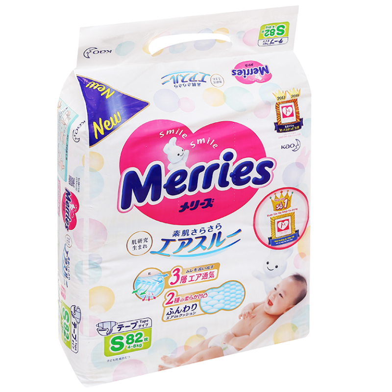 Tã dán Merries size S 82 miếng (cho bé 4 - 8kg)