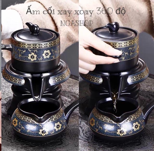 Bộ ấm chén pha trà đẹp Cối xay gốm sứ cao cấp,Bộ chén uống trà đạo 19 chi tiết hoa cẩm lòng chén trắng