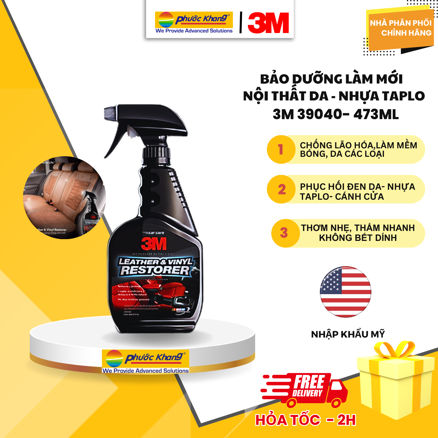 Chai xịt chăm sóc và bảo vệ nội thất da nhựa ô tô 3M 39040 473ml - NK Mỹ