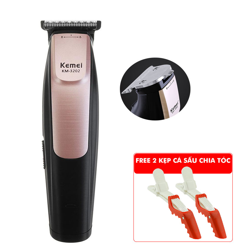 Tông đơ chấn viền Kemei KM-3202 chuyên nghiệp 2in1 thiết kế 2 đầu thay thế tiện lợi có thể dùng khắc tóc, tattoo tóc, tạo nét, fade tóc, sử dụng 2 đầu sạc tiện lợi Tặng kèm 2 kẹp cá sấu chia tóc màu ngẫu nhiên