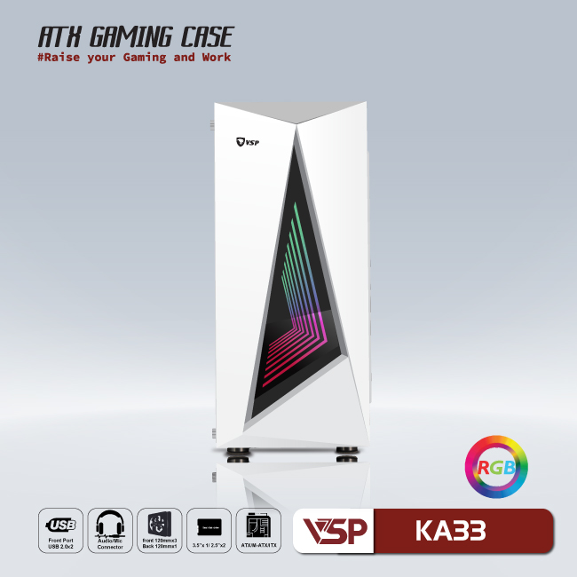 Vỏ máy tính Case VSP KA33 [TRẮNG] LED Gaming (ITX/M-ATX/ATX) không kèm FAN - Hàng chính hãng TECH VISION phân phối