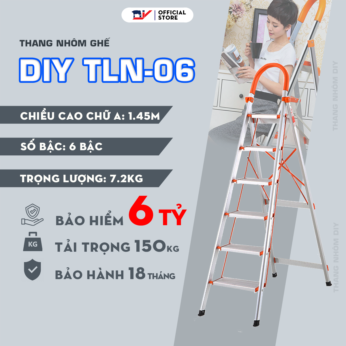 Thang nhôm ghế 6 bậc DIY TLN-06 tải trọng 150kg