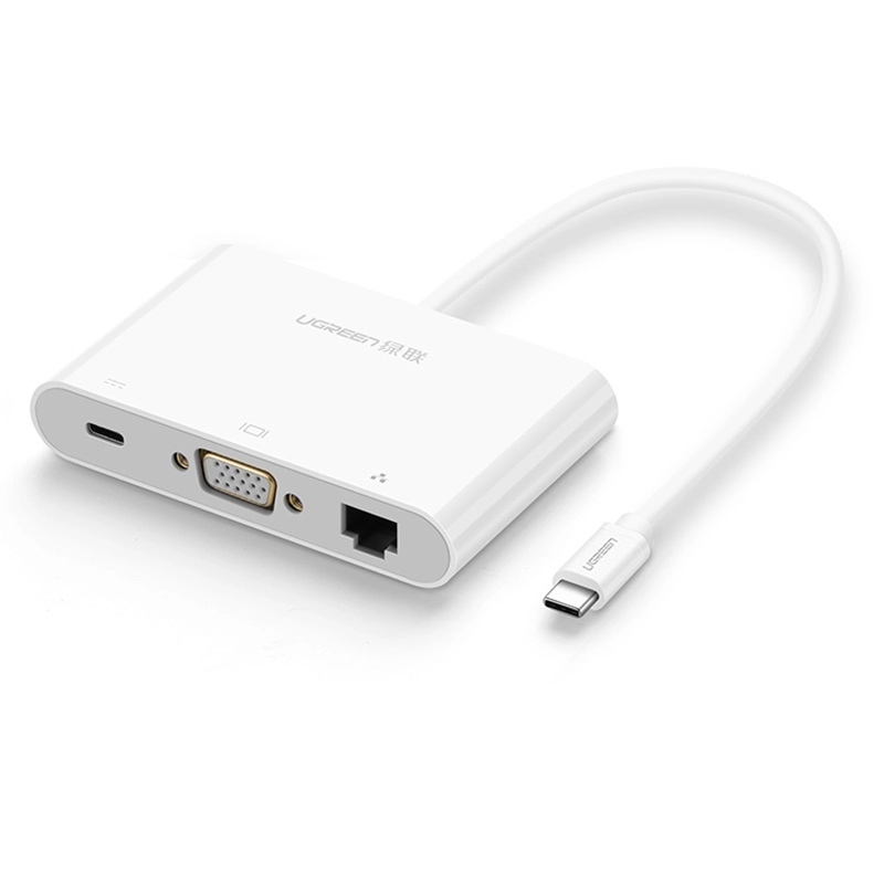 Cáp chuyển đổi USB-C Sang VGA + USB 3.0 + USB 2.0 + LAN 10/100Mbps + USB-C hỗ trợ sạc Power Delivery  Vỏ nhựa dài 15cm màu Trắng Ugreen TC30439US182 Hàng chính hãng.
