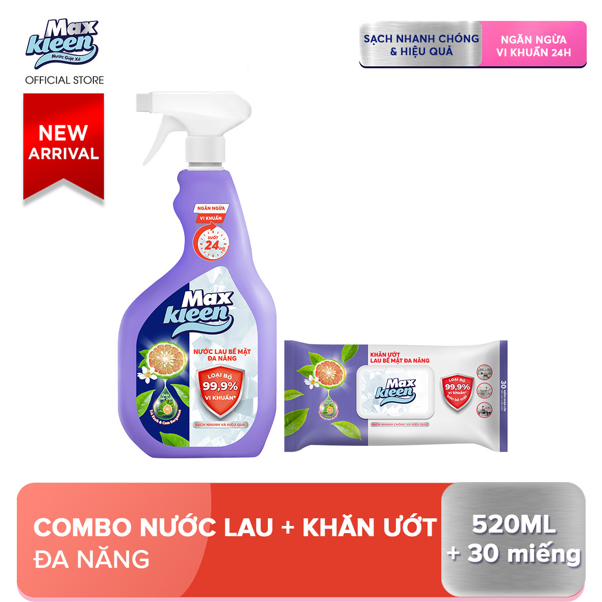 Combo Lau Bề Mặt MaxKleen Đa Năng: 1 chai xịt 520ml + 1 khăn ướt 30 miếng