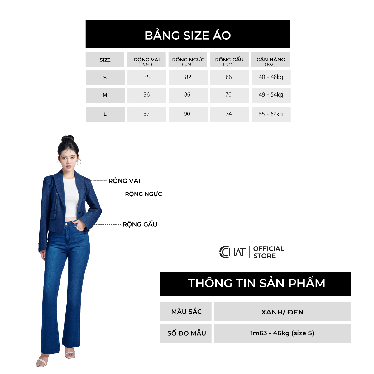 Áo Blazer Nữ CCHAT Diễu Chỉ Hai Nắp Túi Jeans Cao Cấp 22EHJ2012ST