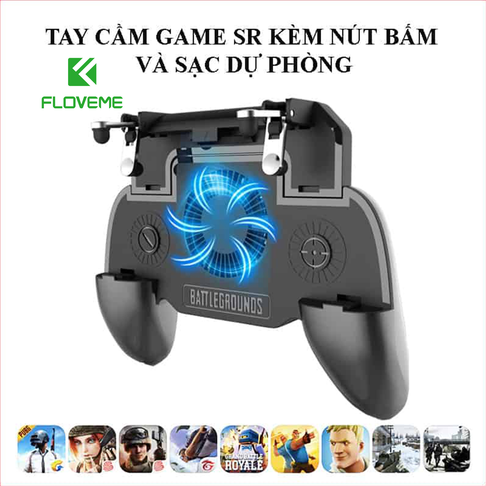 Tay Cầm Chơi Game FLOVEME thông minh tích hợp nút bắn có quạt tản nhiệt SR3 - Cảm ứng cơ học - Kèm Sạc Pin 2000Mah PUBG ROS FF - Hàng chính hãng