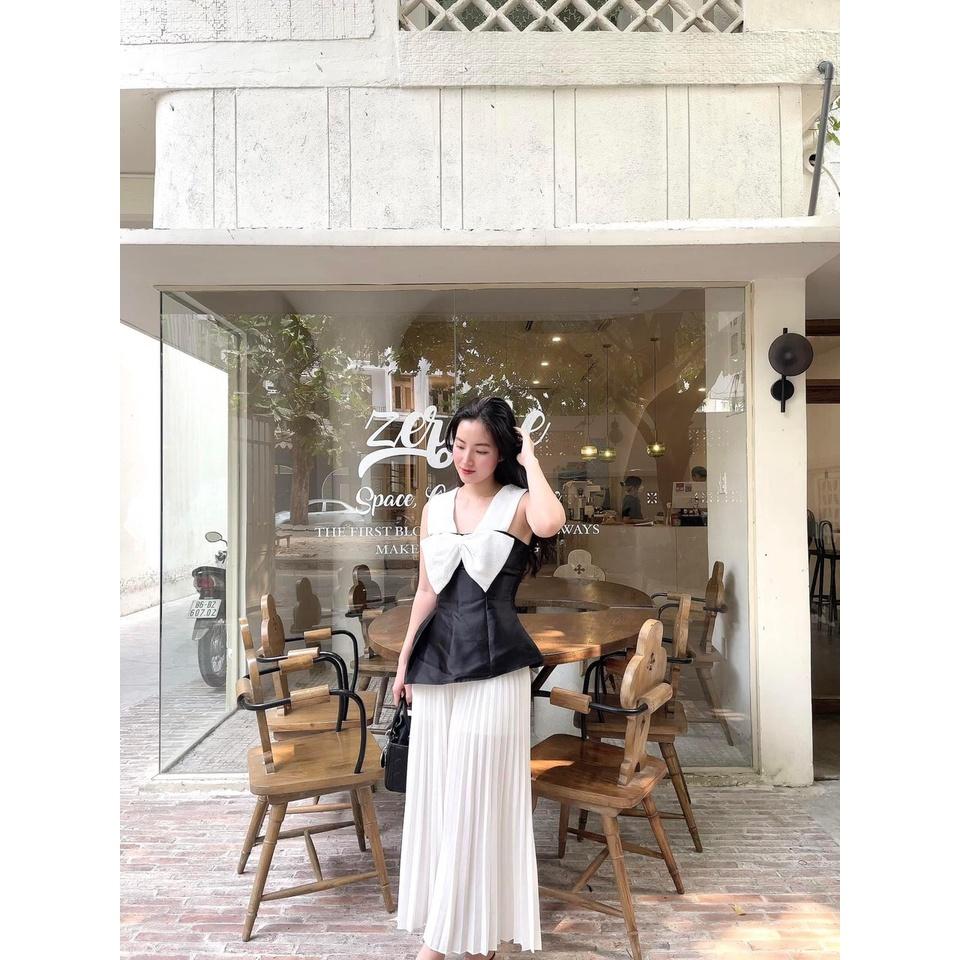 Áo taffa nơ ngực đen trắng