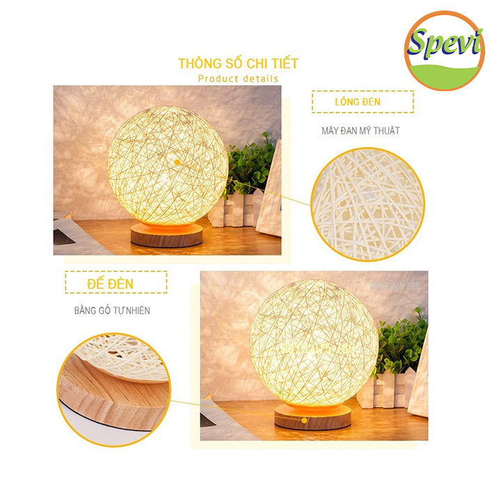Đèn Ngủ Quả Cầu Mây - Đèn Ngủ Trang Trí Led Blackinner Có Điều Chỉnh Độ Sáng - Hàng chính hãng