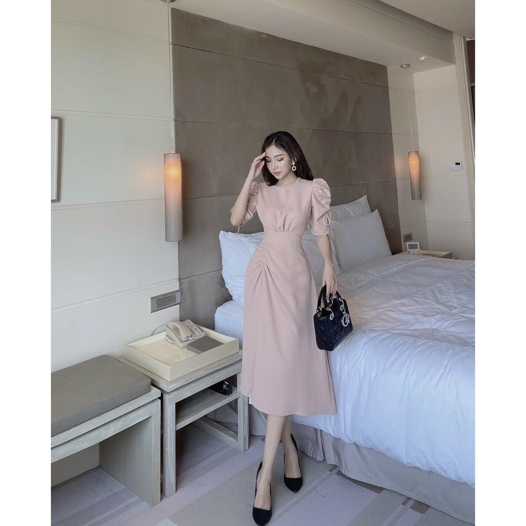 Đầm Hạt Trai Nhún Rút Tay Phồng