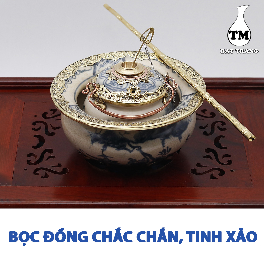 Điêu Bát Men Rạn Bọc Đồng Vẽ Phong Cảnh Gốm Sứ Bat Trang (dieu hut thuoc lao)