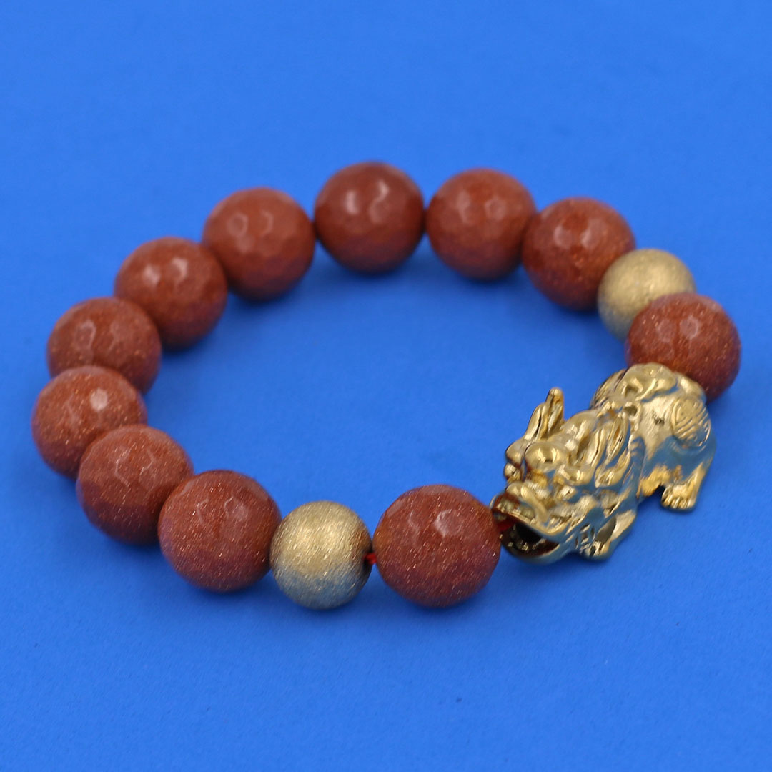 Vòng chuỗi đeo tay đá kim sa cắt giác 14 ly  charm tỳ hưu và bi inox vàng, vòng tay chuỗi hạt