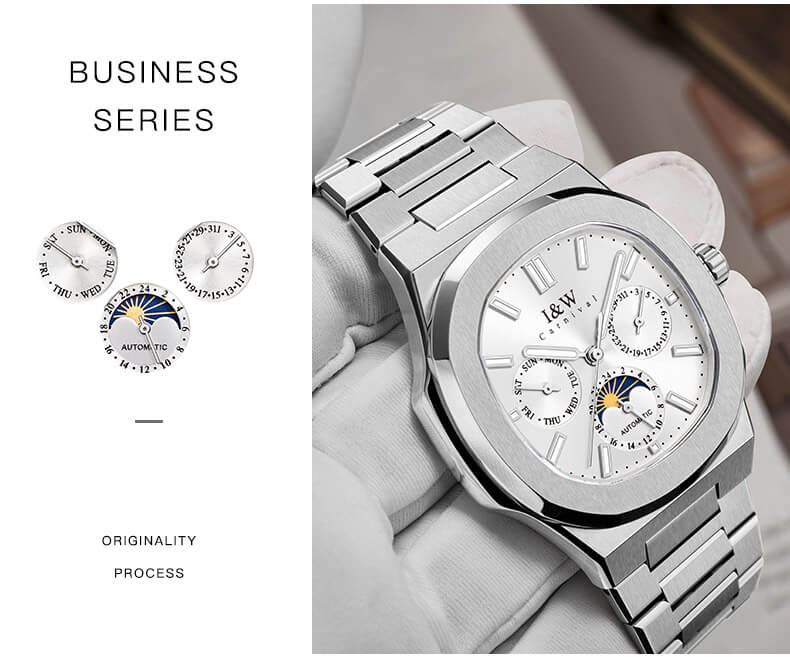 Đồng hồ nam chính hãng I&W CARNIVAL 55886G-5 mặt trắng size mặt 42mm,kính sapphire ,chống nước 50m,dây thép không gỉ