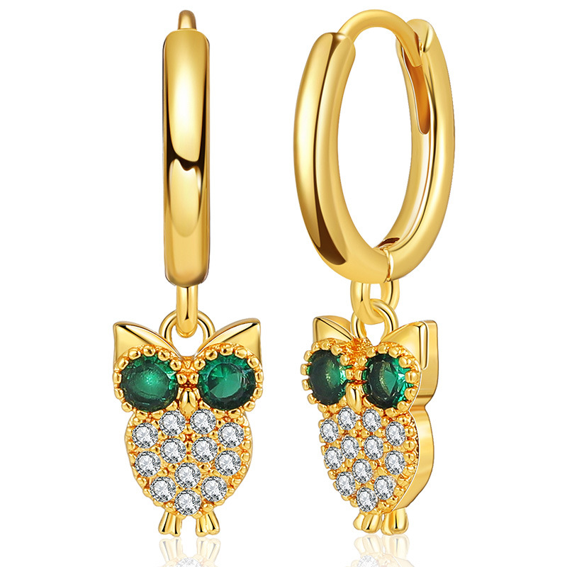 Bông tai zircon thiết kế con cú bông tai động vật nhỏ bông tai mặt dây chuyền nhỏ vàng 18K tinh tế