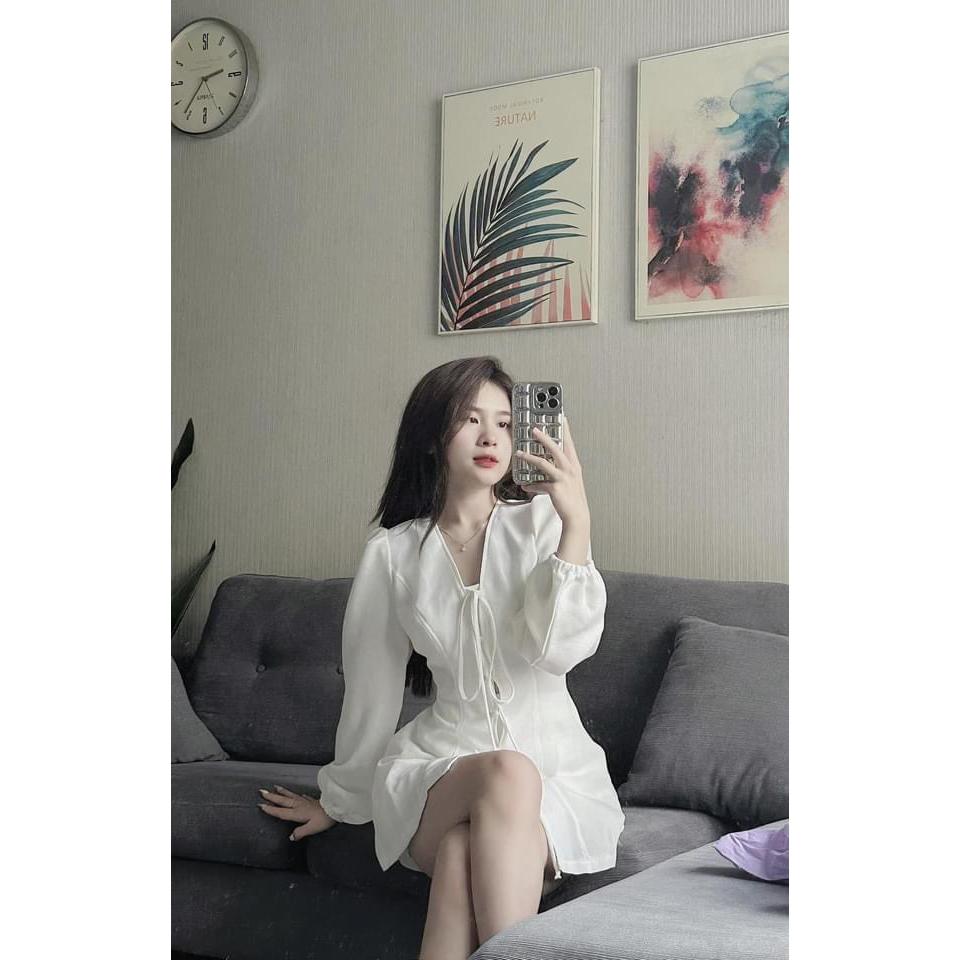 Set Bộ Đùi Cotton lạnh thời trang nữ tay dài mặc đi chơi cổ V tiểu thư cột dây tay phồng màu trắng