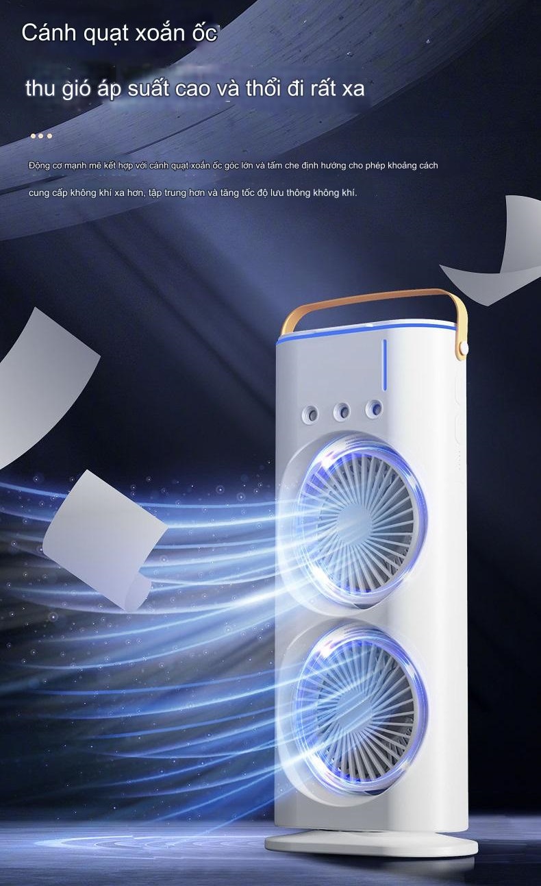 Quạt phun sương tích điện Youpin AQUA BREEZE, 2 lồng quạt, có đèn LED, bình nước lớn có thể thêm đá, xoay tốc năng 90° làm mát rộng, pin dung lượng lớn - Hàng nhập khẩu