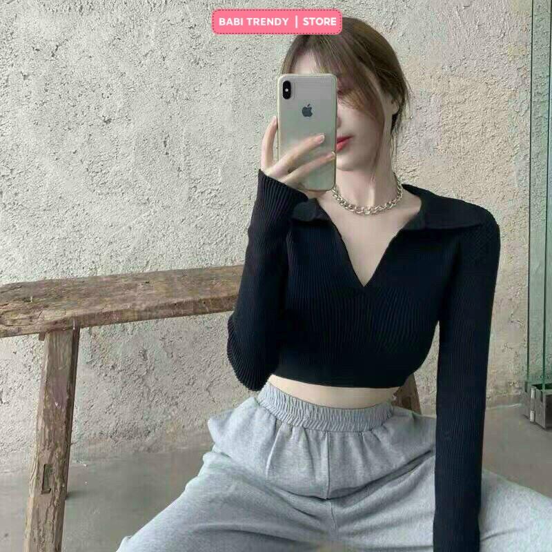 Áo Croptop Nữ Cổ V tay dài ôm dáng gợi cảm phong cách hàn quốc trẻ trung năng động - Babi Trendy CT27