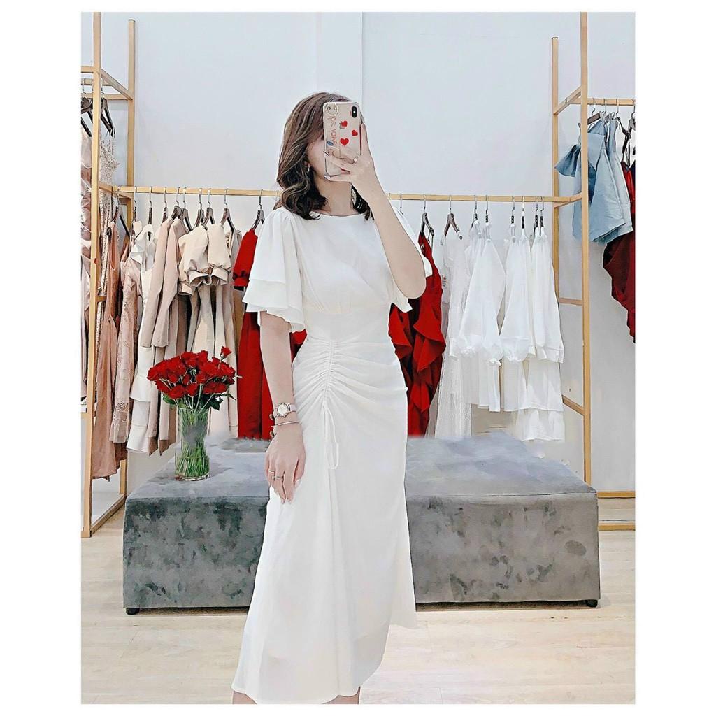 ĐẦM NỮ - VÁY MIDI TRẮNG RÚT DÂY HÔNG -HỒNG XANH NUDE ĐỎ TRẮNG - GD051