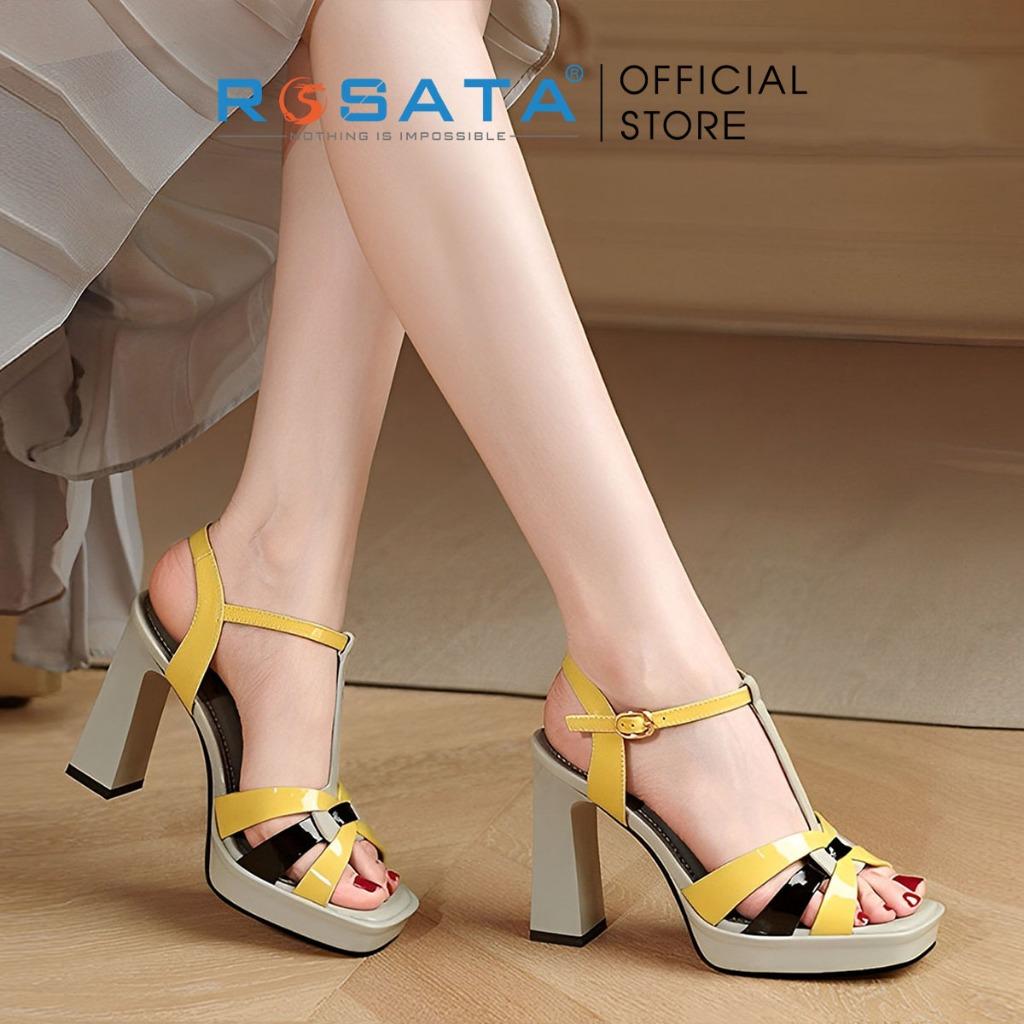 Giày sandal cao gót nữ đế vuông 8 phân mũi vuông quai cài mảnh ROSATA RO531 - XANH