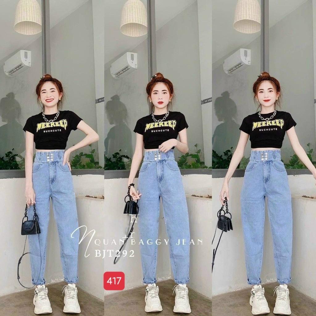 Quần baggy jean nữ trơn 2 nút cao cấp vải denim co dãn nhẹ wash màu chuẩn Phuongnamshop20 z16